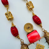 Temple Fusion- The Coral and Carnelian Silver Necklace - Anjali