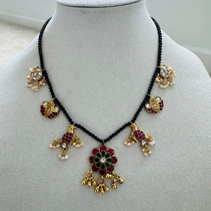 Black Beads and Kundan Silver Necklace - Hasini