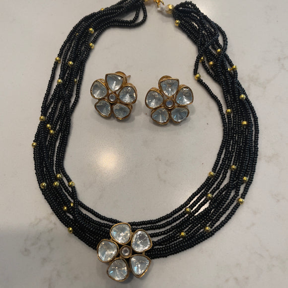 Moissanite Flower Black Thread Necklace