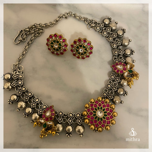 Temple Fusion Jadau Necklace(Silver look alike)
