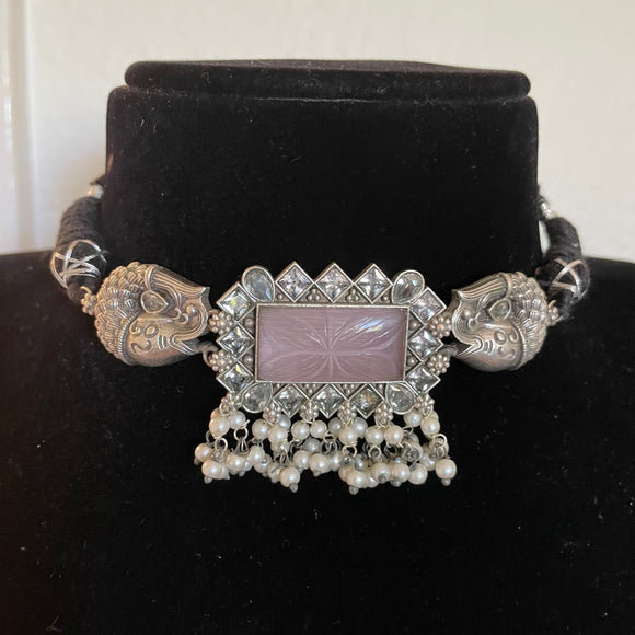 German Silver  Carved Stone Choker Necklace