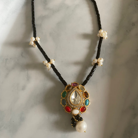 Antique Navratna Black Beads Necklace(No earrings)