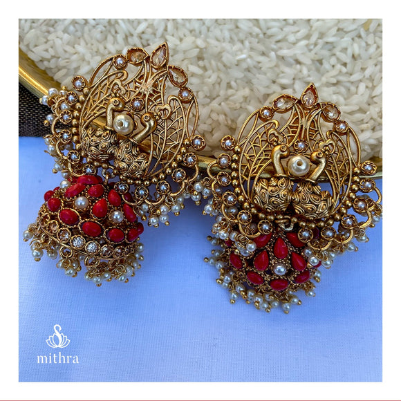 Peacock Red Jhumka Earrings