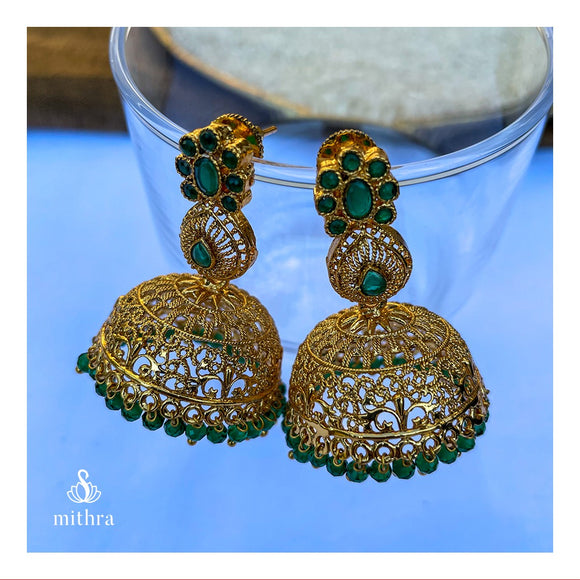 Green Beads Jhumka Earrings