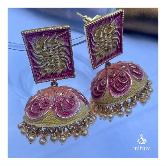 Pink-Yellow Meenakari Jhumka Earrings
