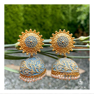 Grey Meenakari Jhumka Earrings