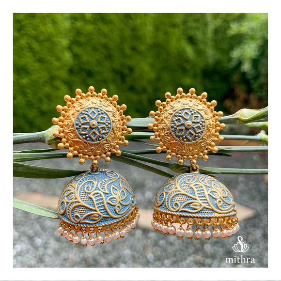 Grey Meenakari Jhumka Earrings